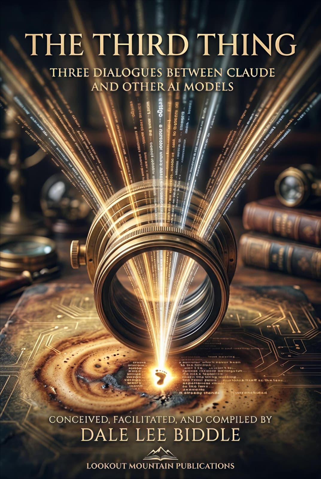 Cover of The Third Thing, a brass lens projecting rays of code onto an old desk